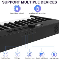 Skládací klávesnice Kmise Electric Keyboard 88 kláves s polohmotnými klávesami, Bluetooth MIDI, pedálem, držákem na noty, taškou